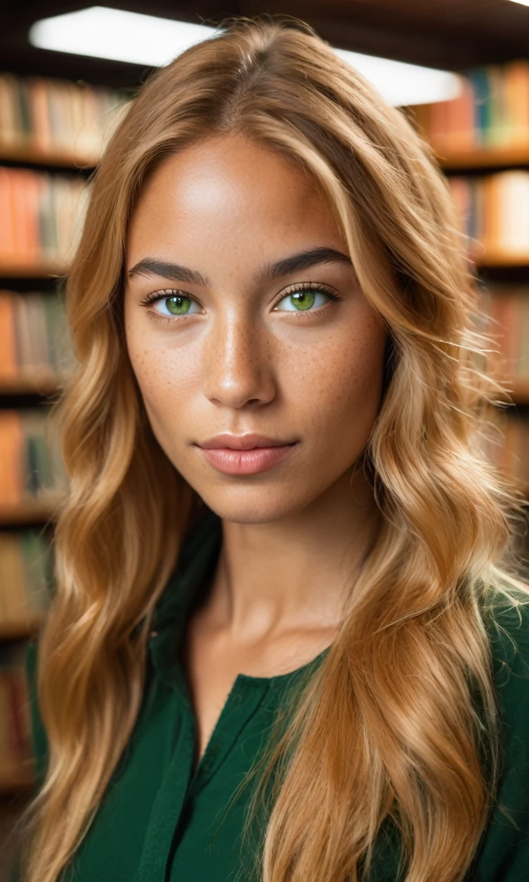 Une femme métisse de 30 ans, Descendance polonaise et zimbabwéenne. Elle a de longs cheveux blond caramel, yeux verts, et quelques jolies taches de rousseur. En arrière-plan se trouve une mystérieuse bibliothèque