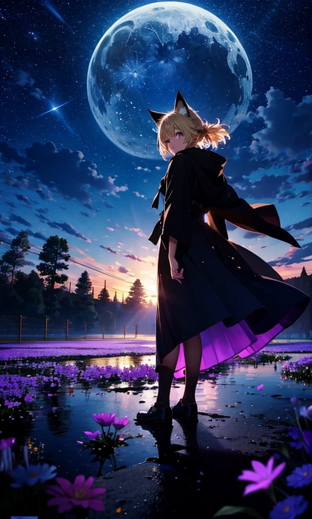 １people々々々々々々々々々々々々々々々々々,Woman with medium length blonde hair，Fox Ears，Long coat，Takageta， Dress Silhouette， Rear View，Space Sky, Flower Field，Colorful flowers，Dancing Petals，full moon，shrine，