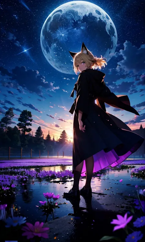 １people々々々々々々々々々々々々々々々々々,woman with medium length blonde hair，fox ears，long coat，takageta， dress silhouette， rear view，space sky...