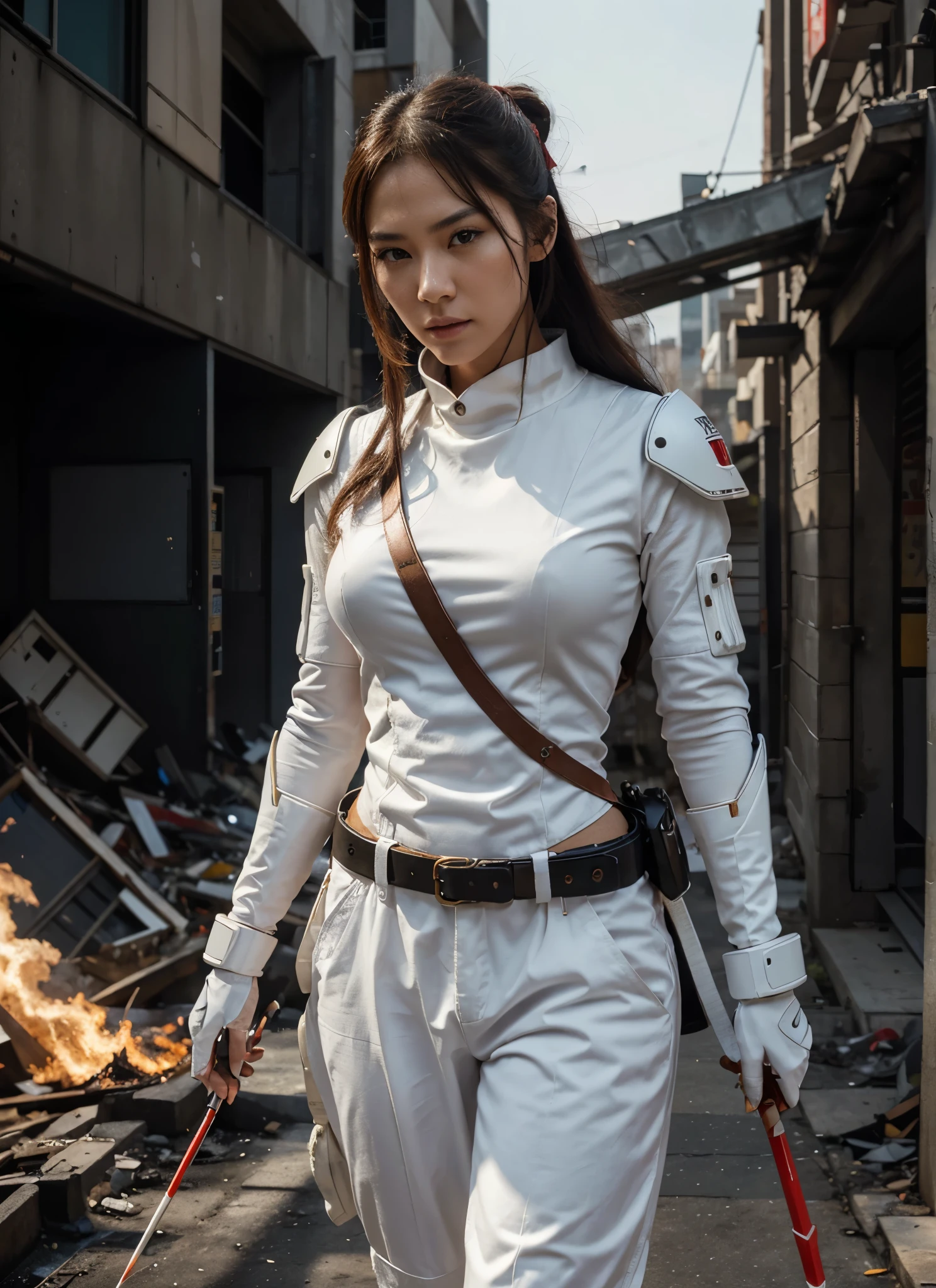 Beautiful woman, in modern cyborg costume, white color with red details, modern Japanese style samurai helmet with red visor, carries an ultra-modern bow, shoots modern arrows, in a completely destroyed modern Asian city, fire, explosions, smoke, 4k, Ultra detailed image, realistic, highly detailed, perfect composition, splendid, intricately detailed, incredibly detailed, 8k art photography, hyper detailed, masterpiece, ultra detailed, hyper realistic, 4k, ultra detailed image, realistic, highly detailed, perfect composition , splendid, intricately detailed, incredibly detailed, 8K fine art photography, hyper-detailed, masterpiece
