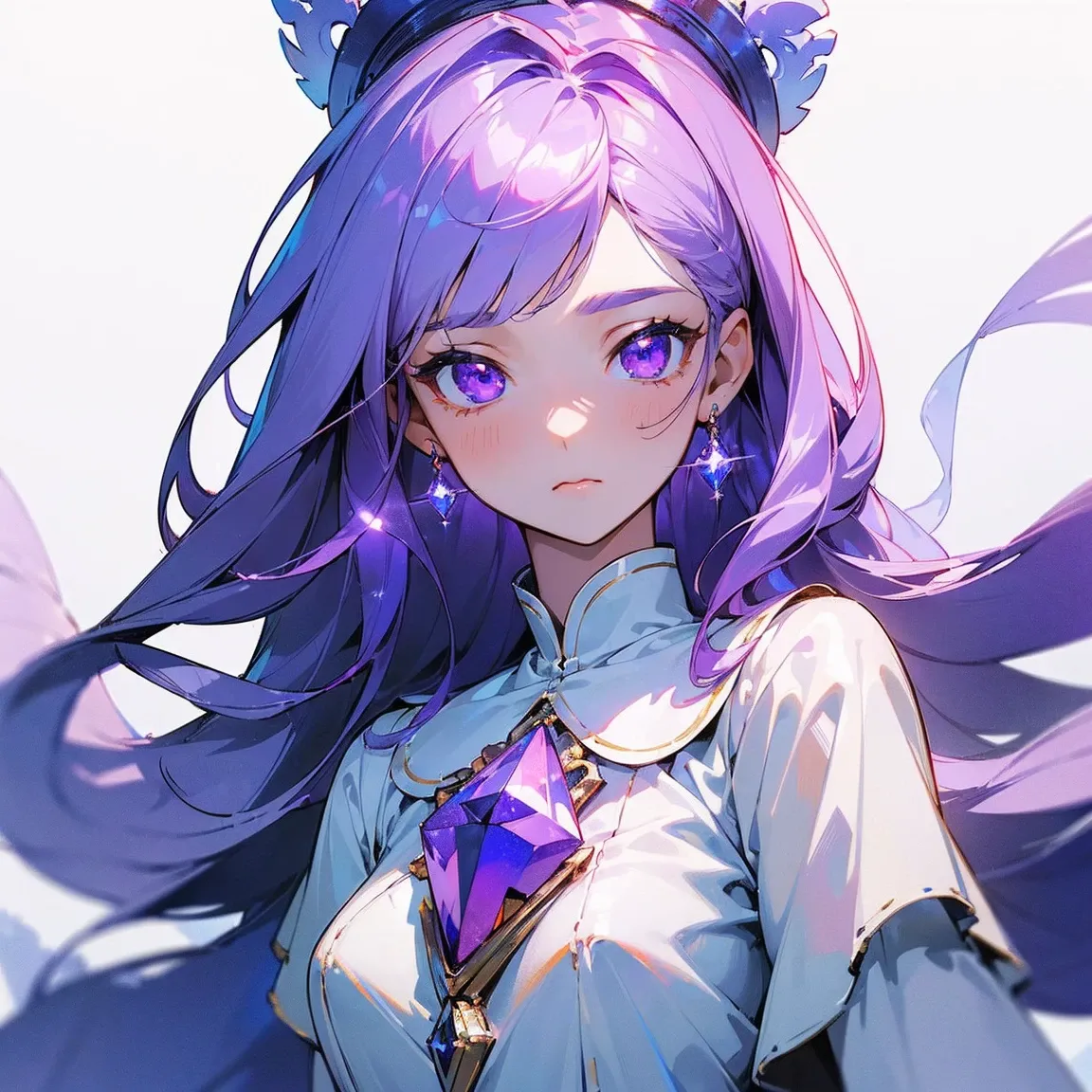 (masterpiece, top quality, best quality, official art, beautiful and aesthetic, absolutely-impressive-detail shadowing:1.2), 1 girl, Goddess, white skin, white blouse with dark purple details, cute, long silky smooth hair, periwinkle hair, very beautiful pretty face, glowing eyes, sparkling detailed crystal clear purple eyes. (small smile:1.2), (beautiful starry background)