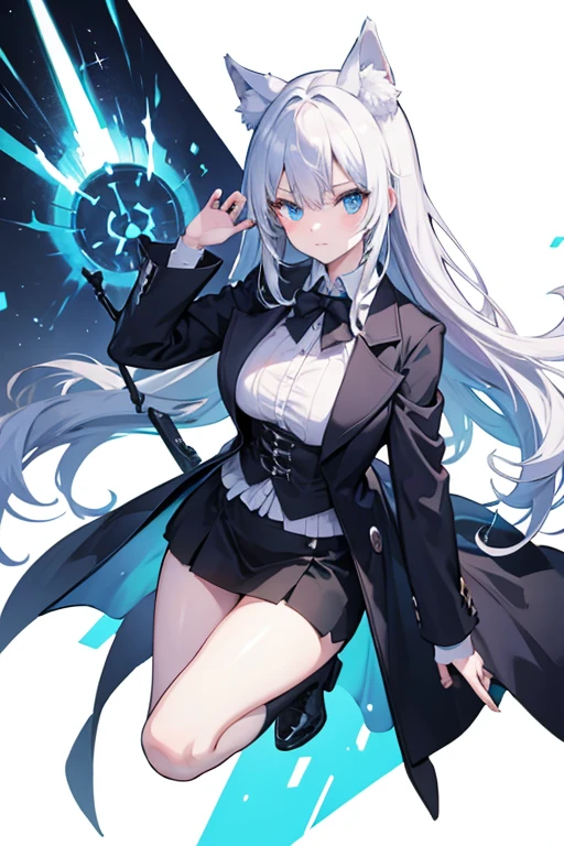 no background, white background color, BREAK, game screenshot, full body, 1 girl, black long coat, trousers, cute face, white long hair, wolf ear, blue eyes, large breasts, holding beam saber, Grim Reaper