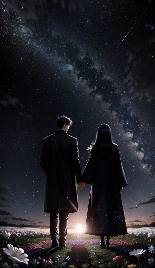 Starry Sky，Animated scene of a couple standing in a flower field,Back view，I can't see facial expressions，The man is wearing a long black coat，The woman is wearing a white long coat