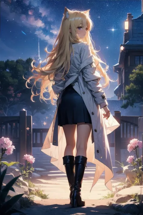 1 female,cat ear，blonde long hair， wide shot, back view, silhouette， knee-high boots，long coat,high resolution,cosmic starry sky...