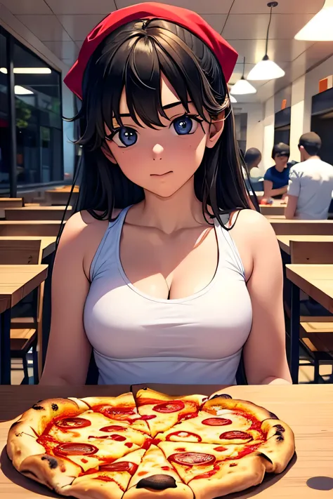 the pizza is in my head inside a cafeteria, utilizando la regla de los 3 tercios de fotografia para colocar al personaje, chica ...