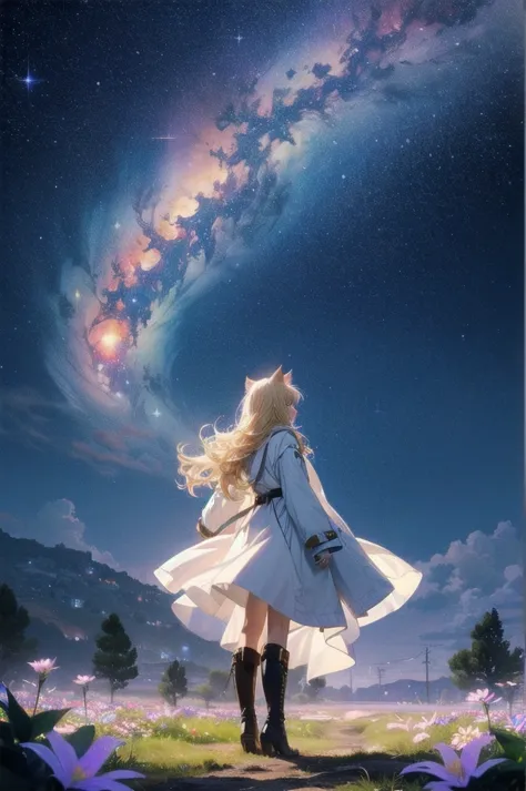 1 female,cat ear，blonde long hair， wide shot, back view, silhouette， knee-high boots，long coat,high resolution,cosmic starry sky...