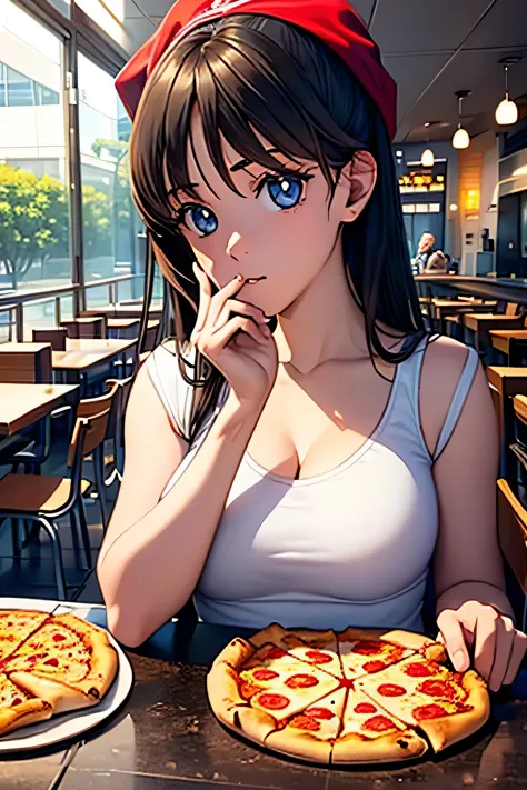 the pizza is in my head inside a cafeteria, utilizando la regla de los 3 tercios de fotografia para colocar al personaje, chica ...