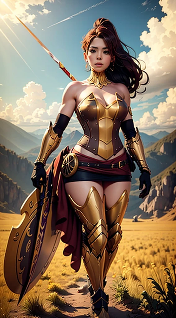 Create a high-quality image of a woman wearing full-body golden armor. She is depicted in a majestic pose, proudly standing amidst a grandiose backdrop. Her armor gleams with the brightness of gold, reflecting the sunlight streaming through the clouds. Her hair cascades over her shoulders, framing her determined and confident face. In her hands, she holds a sword or shield, ready to defend her cause with bravery. In the background, an epic landscape of towering mountains and a vast, infinite sky. This woman is a vision of power and nobility, a fearless leader ready to face any challenge that comes her way.