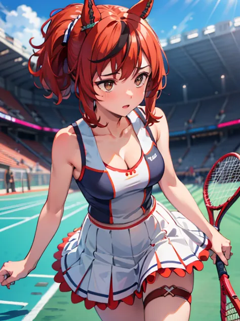 nicenature, 1 female tennis player，One guy，tennis dress，(slenderness:1.3)、flipping skirt，Tennis racket in hand，dynamicposes，(sta...