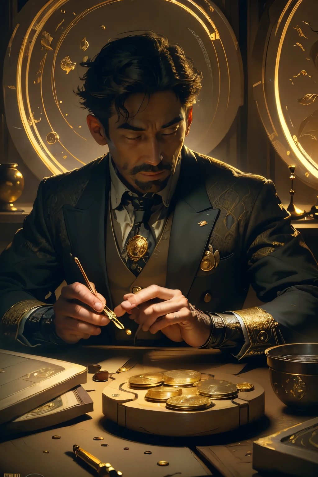 ((Best quality)), ((masterpiece)), ((realistic cartoon)), ((perfect character)), ((portrait)):Piles of small gold coins,counting small gold coins, accountant counting coins in a banking vault, pile of coins, a lot of money, money, cash, flying money, coins, money, smirk. The scene is set in a thematically rich environment. The lighting, crafted with a cinematic touch, emphasizing aura surrounding the genius happy discovery.

Every element of this masterpiece is carefully designed to create a sense of realism and immersion. The intricacies of the accountant clothes, the mesmerizing effects of his wealth, and the level of detail in his happy face all contribute to a captivating visual experience. This artwork is presented in stunning UHD resolution, allowing you to appreciate every nuance and intricacy in breathtaking detail.
From the side, scenic, masterpiece,mtg art,magic the gathering art.