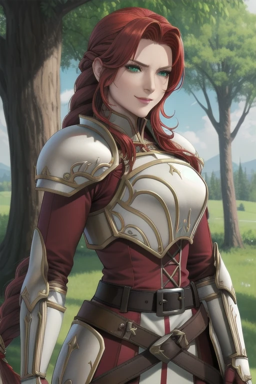 masterpiece, best quality, titania, braided ponytail, armor, red dress, belt, gauntlets, gloves, armored boots, upper body, furrowed brow, smile, forest, village, looking at viewer 