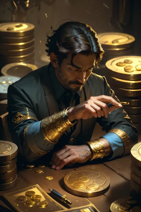 ((best quality)), ((masterpiece)), ((realistic cartoon)), ((perfect character)), ((portrait)):piles of gold coins,dynamic pose, ...