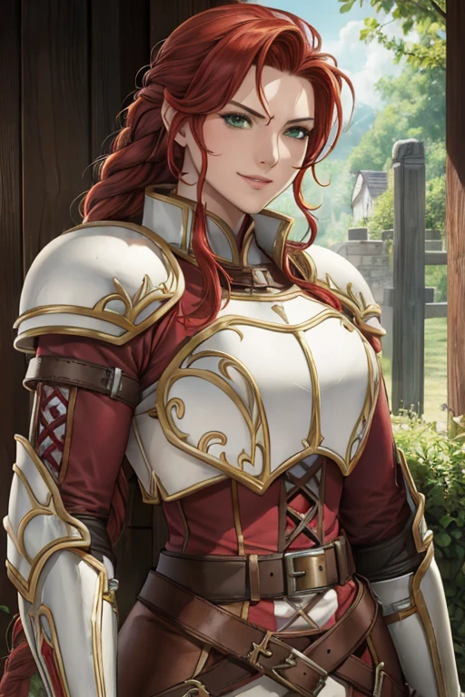 masterpiece, best quality, titania, braided ponytail, armor, red dress, belt, gauntlets, gloves, armored boots, upper body, furrowed brow, smile, forest, village, looking at viewer 