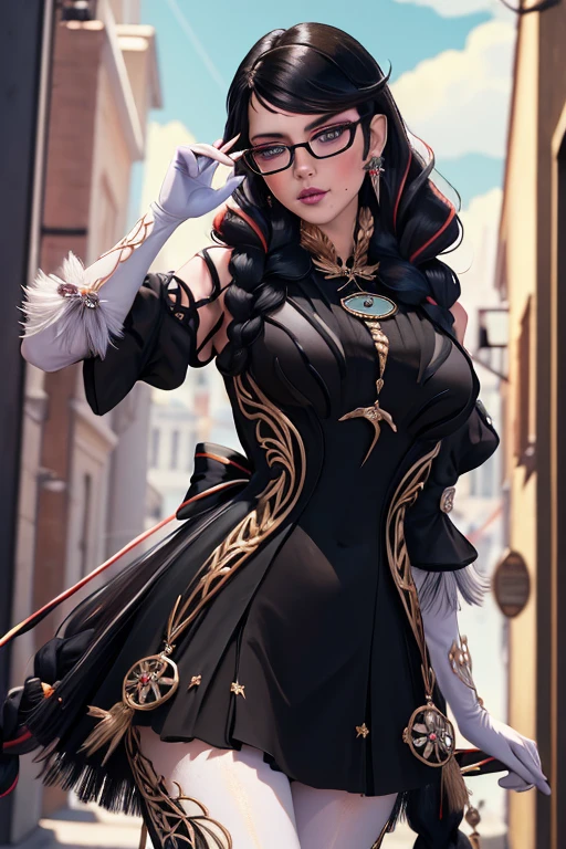 (masterpiece:1.4),(best quality:1.4),(absurdres:1.4),pin-up,	bayonetta_3_twintail_aiwaifu,glasses,blue_eyes ,black_hair,long_hair,two-tone_hair,twintails,breasts,jewelry,earrings,gloves,mole_under_mouth,lips,large_breasts,twin_braids,makeup,black-framed_eyewear,bodysuit,elbow_gloves,very_long_hair,lipstick,multicolored_hair,ribbon,amulet,hair_ribbon,dress,thighhighs,white_gloves,eyeshadow,bangs,clothing_cutout,		(absurdres, highres, incredibly_absurdres:1.4),scenery,masterpiece,