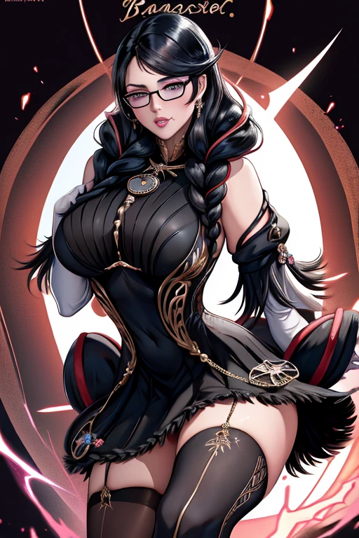 (masterpiece:1.4),(best quality:1.4),(absurdres:1.4),pin-up,	bayonetta_3_twintail_aiwaifu,glasses,blue_eyes ,black_hair,long_hair,two-tone_hair,twintails,breasts,jewelry,earrings,gloves,mole_under_mouth,lips,large_breasts,twin_braids,makeup,black-framed_eyewear,bodysuit,elbow_gloves,very_long_hair,lipstick,multicolored_hair,ribbon,amulet,hair_ribbon,dress,thighhighs,white_gloves,eyeshadow,bangs,clothing_cutout,		(absurdres, highres, incredibly_absurdres:1.4),scenery,masterpiece,