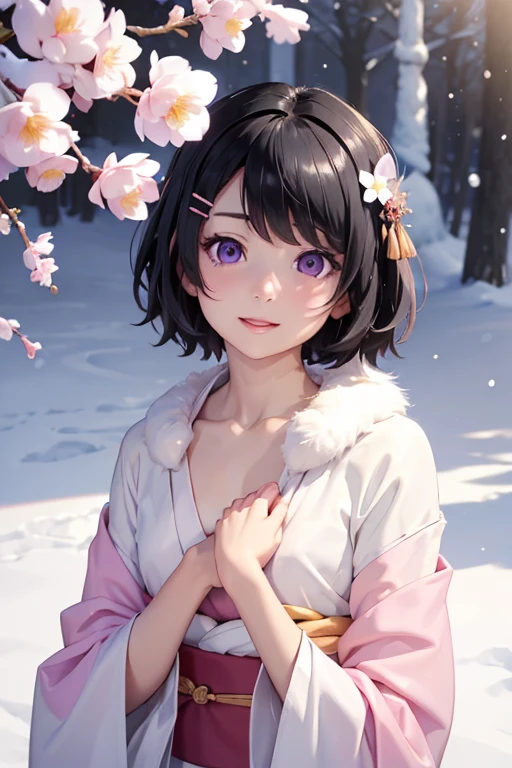 Very detailed CG Unity 8K wallpaper, Cute One lady, Mature hair、lady ,beautiful lady, pale skin (Super masterpiece, Beautiful person, well detailed face polluted smile, Photorealistic, hyper realisitic), Colorful winter kimono in pink and white colors、(white fur)、Japanese Style Hair Accessories、smile、Japanese background with light pink flowers and snow、Portrait、(ref Eyes)、(flat chest:1.4)、(Glowing Skin:1.7)、Detailed eyes、Big eyes、Open your mouth、Hide your arm、
(hanekawa02:1.5, short hair, black hair, hair ornament, purple eyes, hairclip)