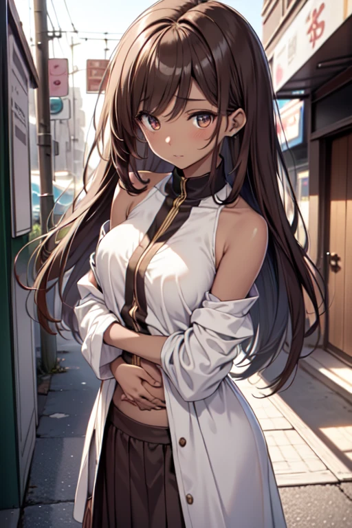 A brown-skinned anime girl with a perfect face, ((best quality)), demonstrates a slightly embarrassed expression as she leans forward, placing her ((hands on the stomach)). Her long, ((detailed)), brown hair cascades down her back, framing her face. She wears a deep V-neck top that reveals her ((bare shoulders)), and the top is a ((masterpiece)), tied in a knot at the waist. The skirt she wears is simple yet elegant, adding to her ((slim girl)) figure. Her shiny, ((shiny skin)), reflects the light, making her stand out against the background. Despite her ((starving)) appearance, she looks ((20-year-