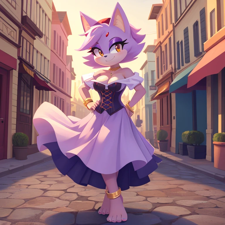 score_9, score_8_up, 2d, 1girl, blaze the cat, amber eyes, lavender fur, solo, jewelry, barefoot, gold bangle bracelt, breasts, cleavage, anklet, off shoulder, purple skirt, smile, hand on hip, pink hairband, long skirt, full body, white shirt, bare shoulders, makeup, puffy sleeves, medium breasts, green cincher corset, off-shoulder shirt, standing, bangle, puffy short sleeves, dancing, eyeshadow, dress, short sleeves, outline, toes, underbust, looking to the side, collarbone, town sqaure background, day, esmarelda cosplay,