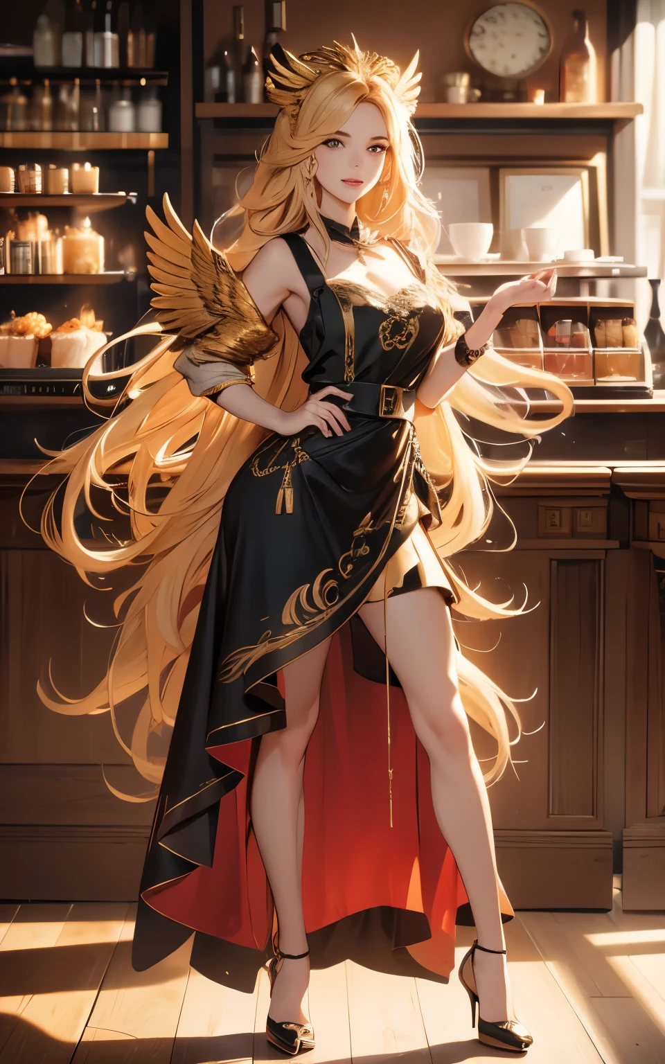 (masterpiece, best quality:1.2), highres, wallpaper, 1female griffin of age 23, detailed majestic face with eagle-like sharp eyes, golden feathers on the head blending into a lion's mane, large eagle wings folded neatly, wearing a stylish barista apron, crafting coffee with large talons, surrounded by modern coffee shop equipment, customers in the background looking amused and delighted, full body shot, soft indoor lighting, dynamic angle, 8k