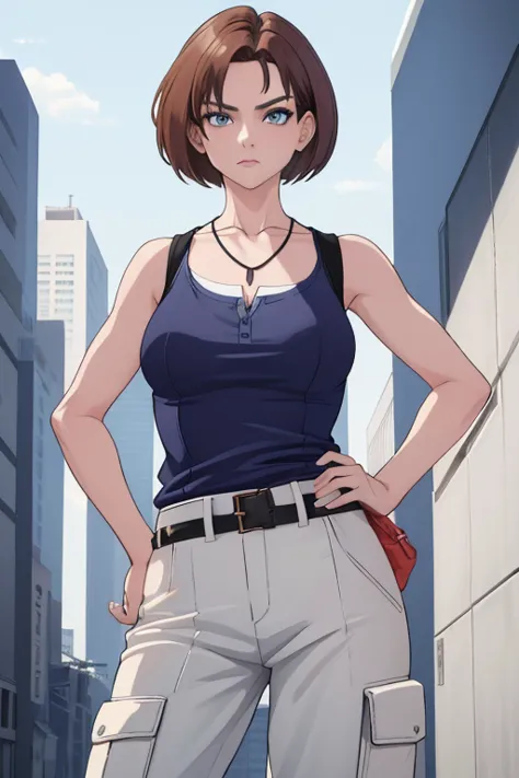 masterpiece, best quality, 1girl, solo, standing, jillre3new, necklace, tank top, pants, belt, looking at viewer, hands on hips