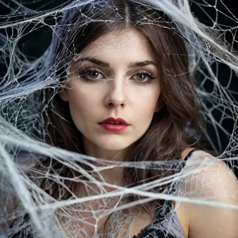 a woman entangled in the spider's web, cobweb