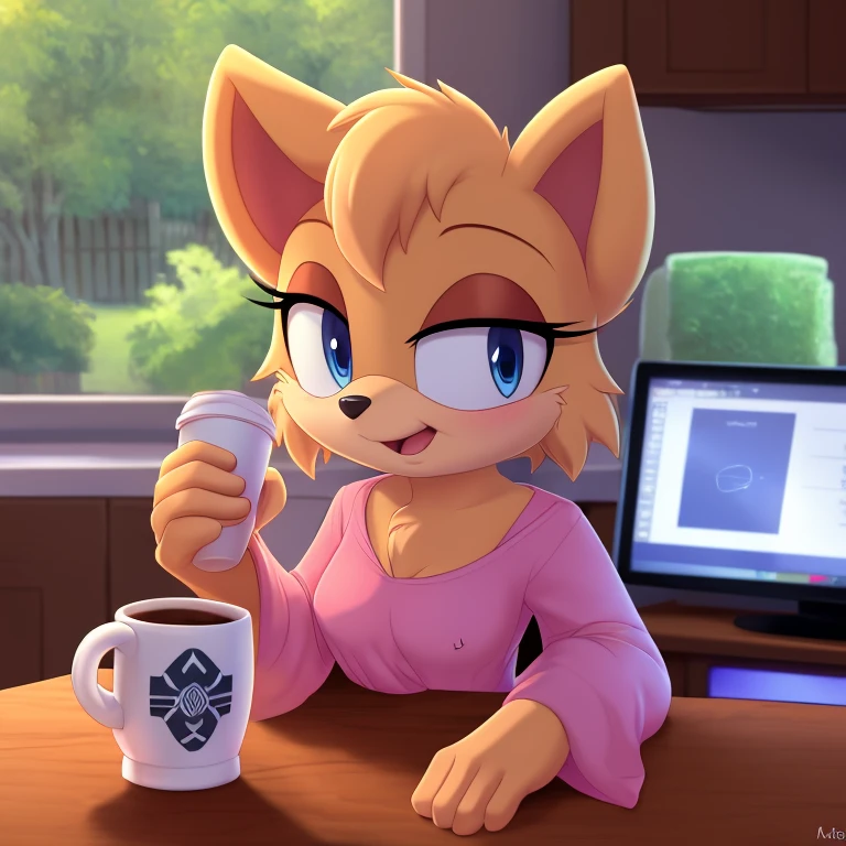 Score_9, score_8up, highres, 1girl, rating_suggestive, lop (star wars visions), furry, blue eyes, loving eyes, sleepy, drowsy, (small breasts), blushing, oversized shirt, sitting at a kitchen table, dawn, morning, holding a cup of coffee, sitting next to pov, ((saying, "good morning")), sfw, wallpaper