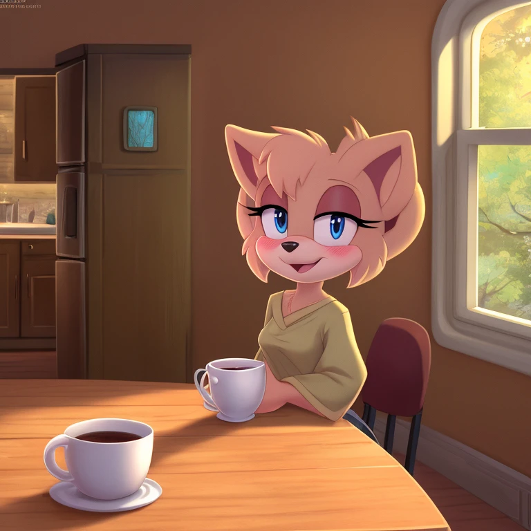 Score_9, score_8up, highres, 1girl, rating_suggestive, lop (star wars visions), furry, blue eyes, loving eyes, sleepy, drowsy, (small breasts), blushing, oversized shirt, sitting at a kitchen table, dawn, morning, holding a cup of coffee, sitting next to pov, ((saying, "good morning")), sfw, wallpaper