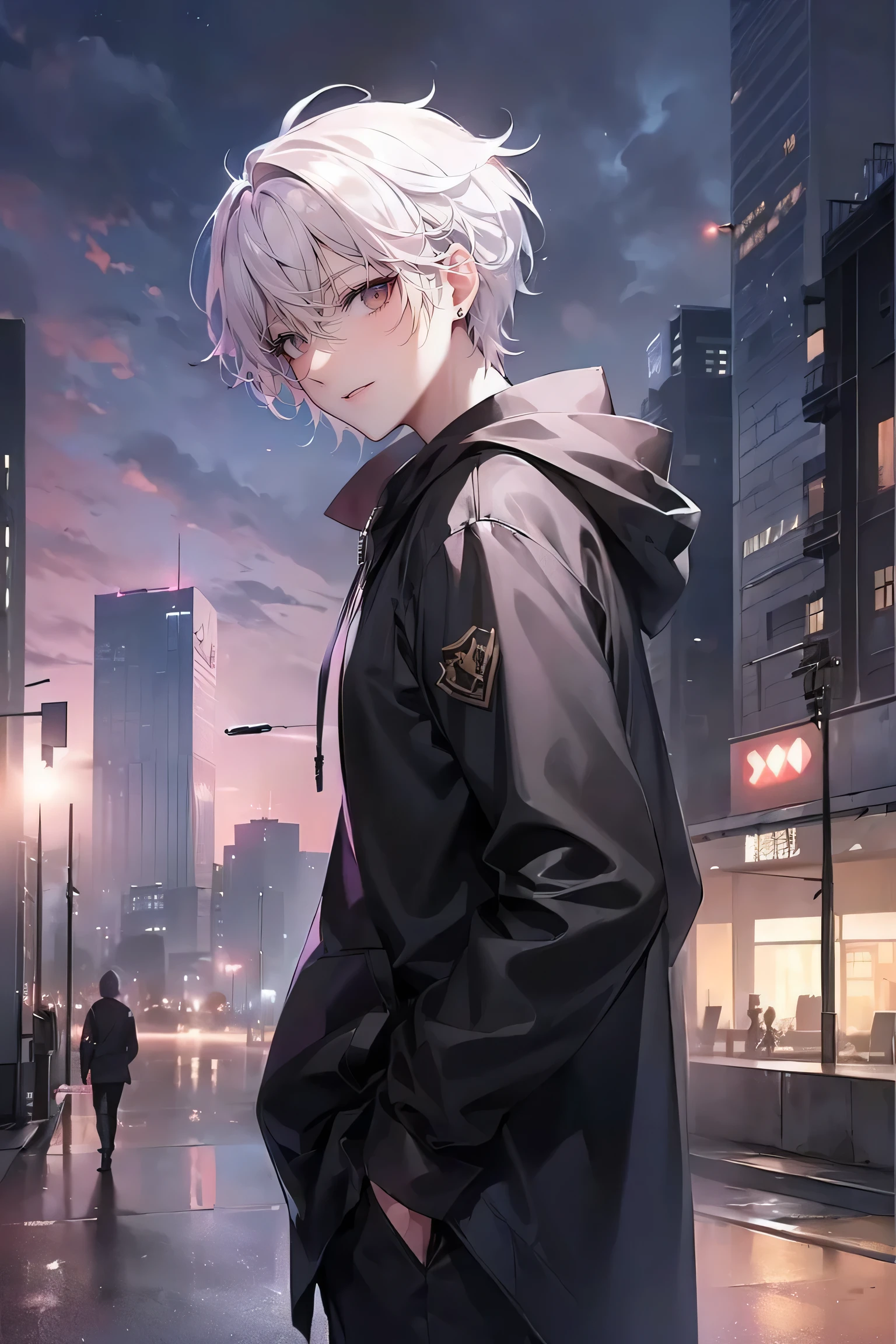 (4K works、(最high quality)、((City of night))、((In front of the main gate of the workplace))、((In front of the main gate of the building))、sunset view、adult male、((adult male 26 years old))、Cheerful man、expensive、((smiling face))、((Strong Eyes))、((He is wearing a black hoodie、Wearing black trousers))、((face becomes smaller))、because I&#39;thin、((white hair))、((White short-haired))、((purple eyes))、((Shot from a close angle))、((one person))、((solo photo))、((Stand in front of the main gate))8K, High resolution, realistic, high quality, masterpiece, Character from a low angle, Display the area under your feet, Wearing a black coat and carrying a gun, City background with skyscrapers, Dusk or dawn time