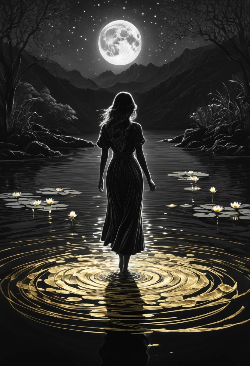 black pencil shading, charcoal drawing, tinted paper, pencil drawing, brutal dark b/w color scheme, golden patterns,
Poster, close-up, full-length, shadow art. In the middle of a lake, a mysterious female dark silhouette in the middle of the night, surrounded by luminous orbs, a summoner dances to appease the spirits of the departed. ritual canvas clothes. Sensual. Multiple magic circles. dynamic dance waterlilies. Colorful color palette.