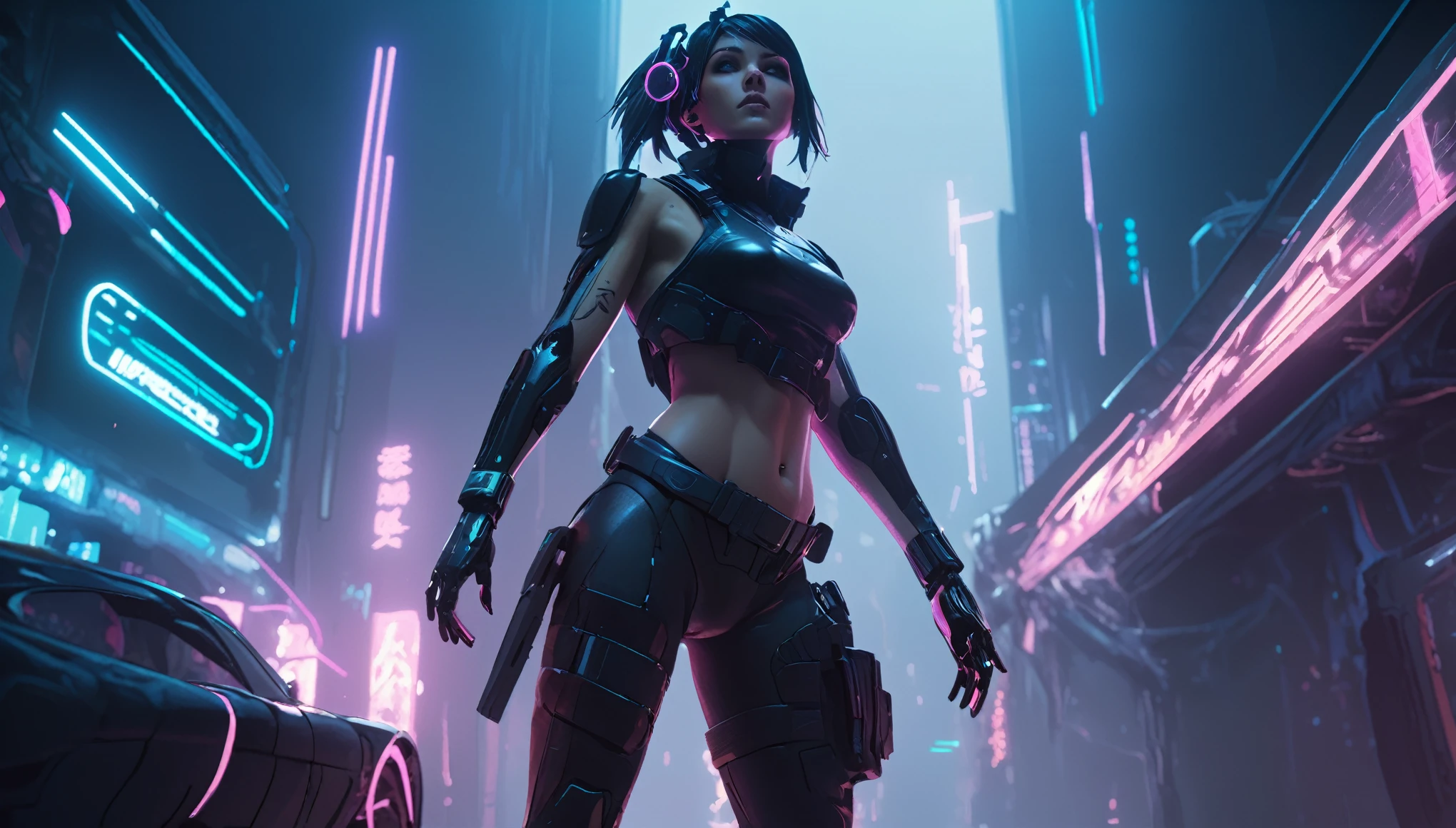 Cena cinematográfica, visão do herói, pose de ação feminina cyberpunk, fundo detalhado, obra de arte, melhor qualidade, alta qualidade, alta resolução, absurdos