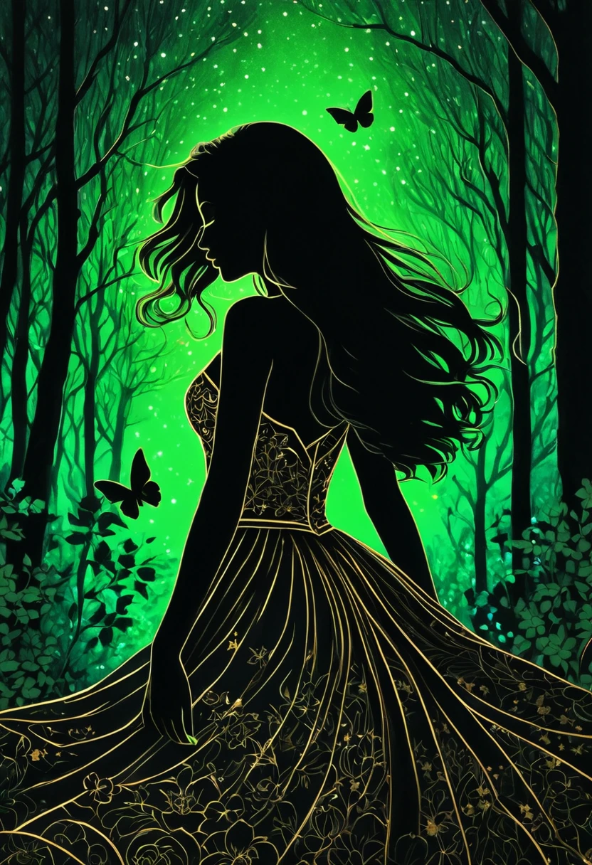 black pencil shading, charcoal drawing, tinted paper, pencil drawing, brutal dark b/w color scheme, golden patterns,
Poster, close up, full length, shadow art. masterpiece, high quality, abstract, 1girl, centered, side view, black silhouette of a girl, (long flowy hair), flowy skirt, green forest background, ((dynamic pose)), ((flowers)), ((glowing butterflies )), night time, dark theme, starry sky, glowing hair, cinematic, vivid colors, ((saturated neon colors)), perfect hands, anzhcdreamwave, aesthetic, Perfect Hands, aurora borealis