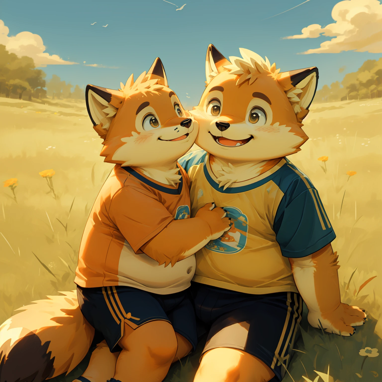 New Jersey 5 Furry，fox，Unique，portrait,Exquisite，Chubby，Orange plush fur，Cute face，child，t-shirt，shorts，Sit in the shade，grassland，Smile，The dynamic feeling of wind，Look up at the sky