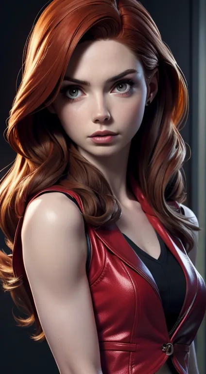 photo of karen gillan, beautiful woman hair red, sexy pose, sexy figure, (medium breasts:1.3), (cropped vest black and red color...