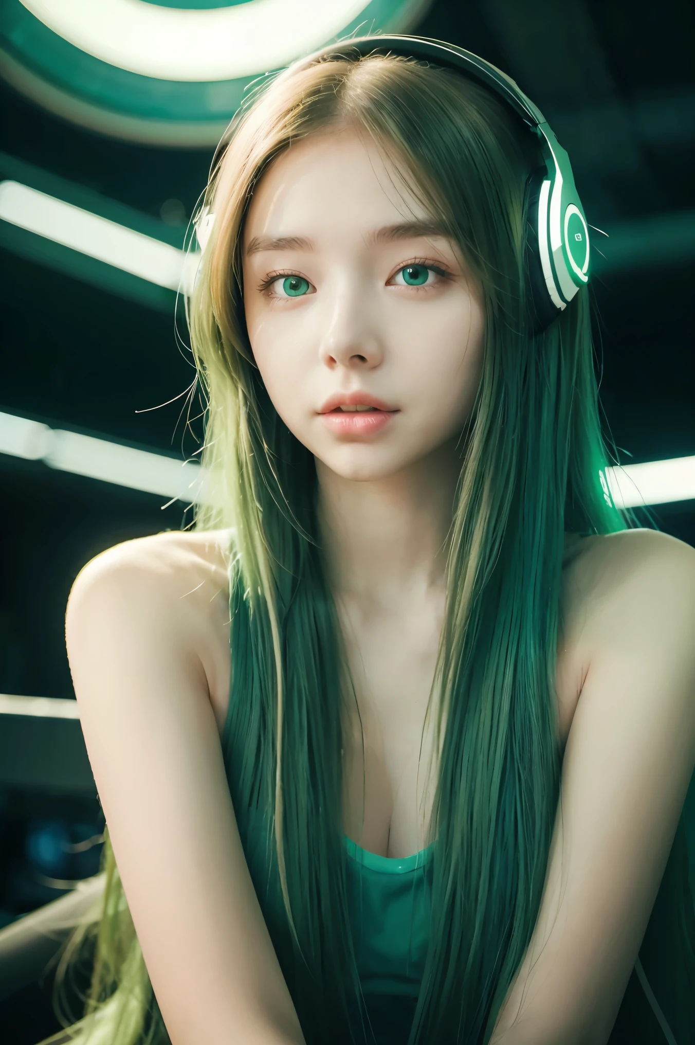 Chica con pelo largo y verde, ojos verdes, vibraciones futuristas, máscara en la boca, Auriculares, 8K, alta calidad, fondo sencillo, ojos brillantes, bonita pose