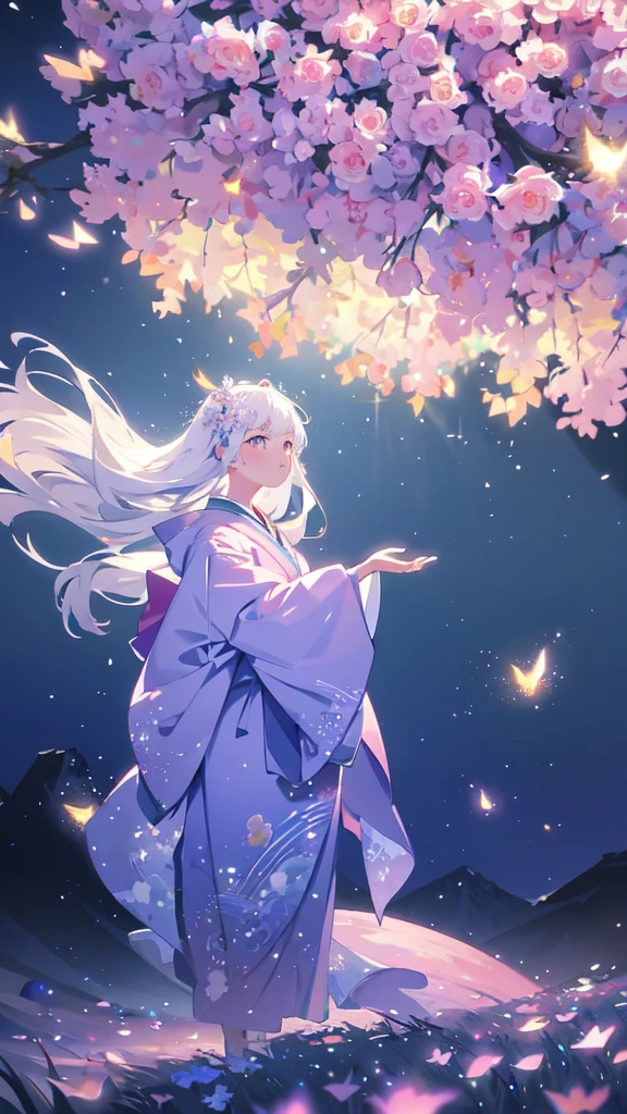 Foto ampla de paisagem, (visto de baixo, o céu está acima, e o campo aberto está abaixo), Menina princesa japonesa em quimono com quimono de 12 camadas em pé no campo de flores olhando para cima, (Quimono nobre: 1.2), (lua cheia: 1.2), (meteoro: 0.9), (Nebula: 1.3), montanhas distantes , árvores quebram a arte, (Luz quente: 1.2), ( vagalumes: 1.2), Luzes, cheio de cores aqua roxas e fluorescentes, Detalhes intrincados, quebras de iluminação volumétrica (Obra de arte: 1.2), (qualidade máxima), 4K, ultra-detalhado, (composição dinâmica: 1.4), cores ricas em cada detalhe, (iridescente: 1.2), (Espumante, iluminação atmosférica), sonhe como, mágico (sozinho: 1.2), Sonhadores, mágico, (sozinho: 1.2)