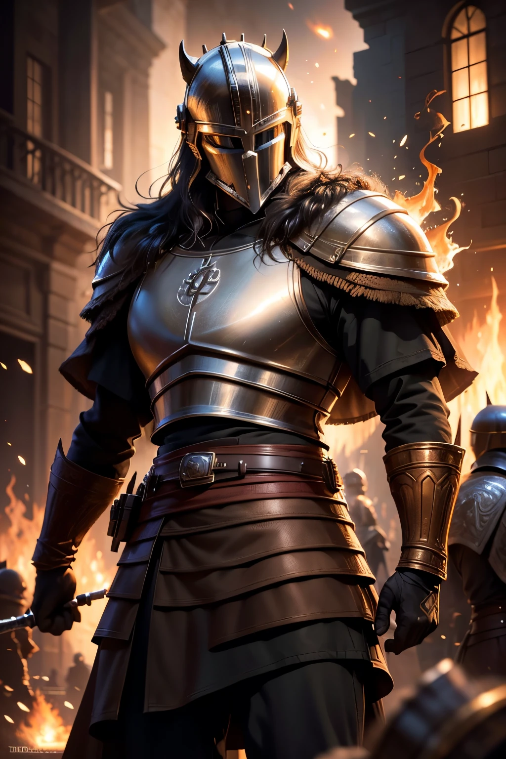 ((Best quality)), ((masterpiece)), ((realistic cartoon)), ((perfect character)): Dynamic pose, Man with a crusader helmet,red cape, epic rpg portrait, fantasy male portrait, rpg portrait concept art, male warrior, fantasy concept art portrait, epic portrait illustration, detailed character portrait, a human warrior, large black armor with details, full armor, character dungeons and dragons, detailed hands The scene is set in a thematically rich environment, in flames battlefield the ambiance. The burned houses, crafted with a cinematic touch, casts a spellbinding glow, emphasizing the web network aura surrounding the white hat hacker. Every element of this masterpiece is carefully designed to create a sense of realism and immersion. The mesmerizing effects of his conjurations, and the level of detail in his weathered face all contribute to a captivating visual experience. This artwork is presented in stunning UHD resolution, allowing you to appreciate every nuance and intricacy in breathtaking detail. View from the side, scenic, masterpiece,mtg art,magic the gathering art.