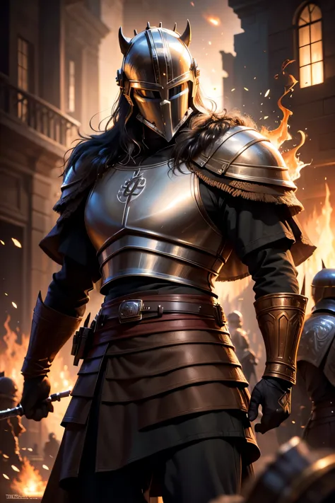 ((Best quality)), ((masterpiece)), ((realistic cartoon)), ((perfect character)): Dynamic pose, Man with a crusader helmet,red ca...