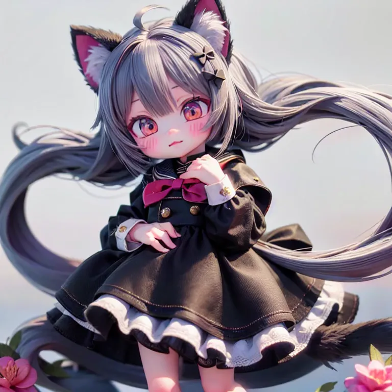 one girl, animal ears, tail, little, gray hair, cat ear, alone, cat tail, long hair, hair ornaments, cat girl, virtual youtuber,...