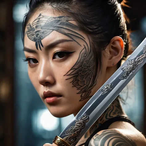 Reflective art. A beautiful Japanese woman with tattoos on her face and body in a reflective katana blade. Close-up shooting alo...