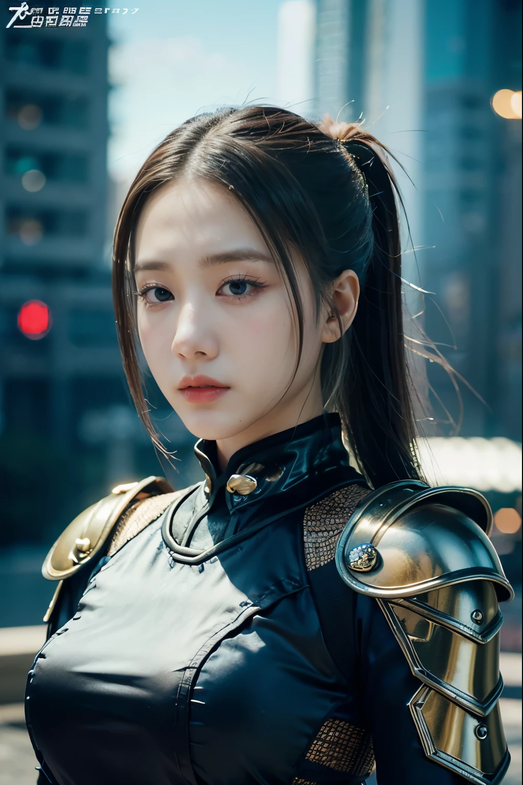 Game art，The best picture quality，Highest resolution，8K，((A bust photograph))，((Portrait))，(Rule of thirds)，Unreal Engine 5 rendering works， (The Girl of the Future)，(Female Warrior)， 22-year-old girl，(Female hackers)，(Ancient Oriental hairstyle)，(A beautiful eye full of detail)，(Big breasts)，(Eye shadow)，Elegant and charming，indifferent，((Frown))，(Future style silk combat suit combined with the characteristics of Chinese cheongsam，Joint Armor，There are exquisite Chinese patterns on the clothes，A flash of jewellery)，Cyberpunk Characters，Future Style， Photo poses，City background，Movie lights，Ray tracing，Game CG，((3D Unreal Engine))，oc rendering reflection pattern