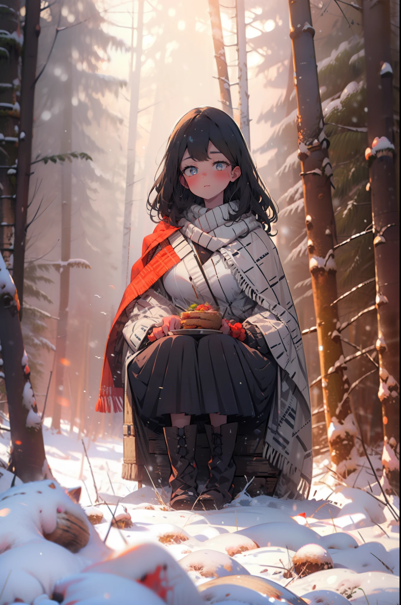 Six flowers, rikka takarada, Black Hair, blue eyes, Long Hair, orange Scrunchie, Scrunchie, wrist Scrunchie,smile,blush,White Breath,
Open your mouth,snow,Ground bonfire, Outdoor, boots, snowing, From the side, wood, suitcase, Cape, Blurred, Increase your meals, forest, White handbag, nature,  Squat, Mouth closed, フードed Cape, winter, Written boundary depth, Black shoes, red Cape break looking at viewer, Upper Body, whole body, break Outdoor, forest, nature, break (masterpiece:1.2), highest quality, High resolution, unity 8k wallpaper, (shape:0.8), (Beautiful and beautiful eyes:1.6), Highly detailed face, Perfect lighting, Highly detailed CG, (Perfect hands, Perfect Anatomy),
