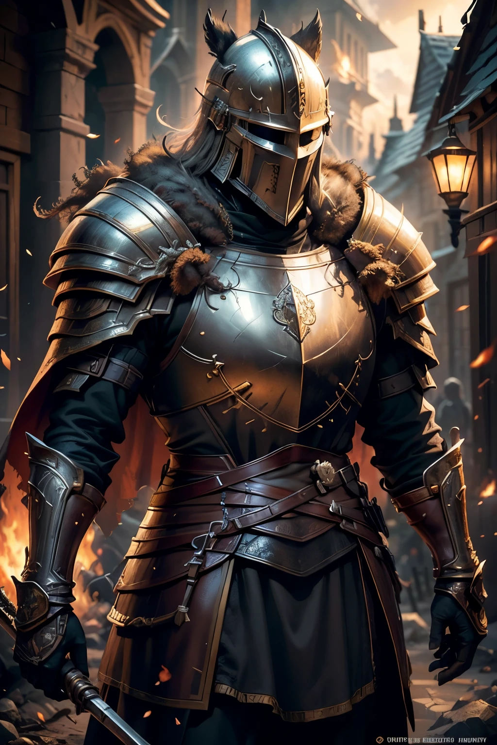 ((Best quality)), ((masterpiece)), ((realistic cartoon)), ((perfect character)): In a fire battlefield, Dynamic pose, Man with a crusader helmet,red cape, epic rpg portrait, fantasy male portrait, rpg portrait concept art, male warrior, fantasy concept art portrait, epic portrait illustration, detailed character portrait, a human warrior, large black armor with details, full armor, character dungeons and dragons, detailed hands The scene is set in a thematically rich environment, in flames battlefield the ambiance. The burned houses, crafted with a cinematic touch, casts a spellbinding glow, emphasizing the web network aura surrounding the white hat hacker. Every element of this masterpiece is carefully designed to create a sense of realism and immersion. The mesmerizing effects of his conjurations, and the level of detail in his weathered face all contribute to a captivating visual experience. This artwork is presented in stunning UHD resolution, allowing you to appreciate every nuance and intricacy in breathtaking detail. View from the side, scenic, masterpiece,mtg art,magic the gathering art.