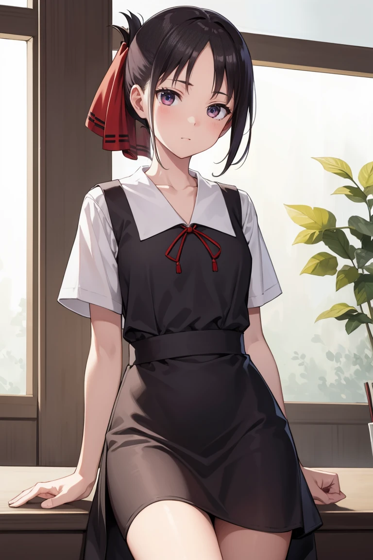 kaguyashinomiya, kaguya shinomiya, folded ponytail, forehead, hair ribbon, (red eyes), red ribbon, ribbon, short hair, sidelocks,
BREAK black dress, dress, pinafore dress, , shirt, short sleeves, shuuchiin academy , white shirt,sitting,cowboy shot,
BREAK evil smile,looking down,
BREAK indoors, classroom,
BREAK (masterpiece:1.2), best quality, high resolution, unity 8k wallpaper, (illustration:0.8), (beautiful detailed eyes), extremely detailed face, perfect lighting, extremely detailed CG, (perfect hands, perfect anatomy),