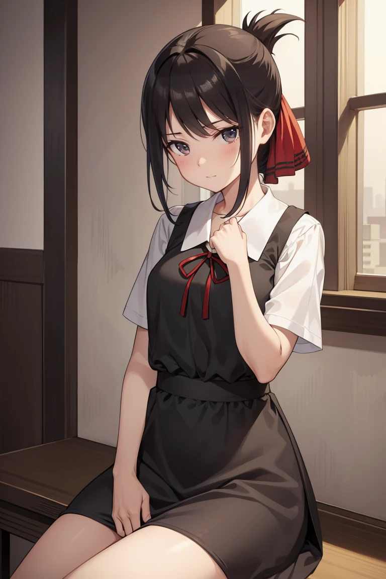 kaguyashinomiya, kaguya shinomiya, folded ponytail, forehead, hair ribbon, (red eyes), red ribbon, ribbon, short hair, sidelocks,
BREAK black dress, dress, pinafore dress, , shirt, short sleeves, shuuchiin academy , white shirt,sitting,cowboy shot,
BREAK evil smile,looking down,
BREAK indoors, classroom,
BREAK (masterpiece:1.2), best quality, high resolution, unity 8k wallpaper, (illustration:0.8), (beautiful detailed eyes), extremely detailed face, perfect lighting, extremely detailed CG, (perfect hands, perfect anatomy),