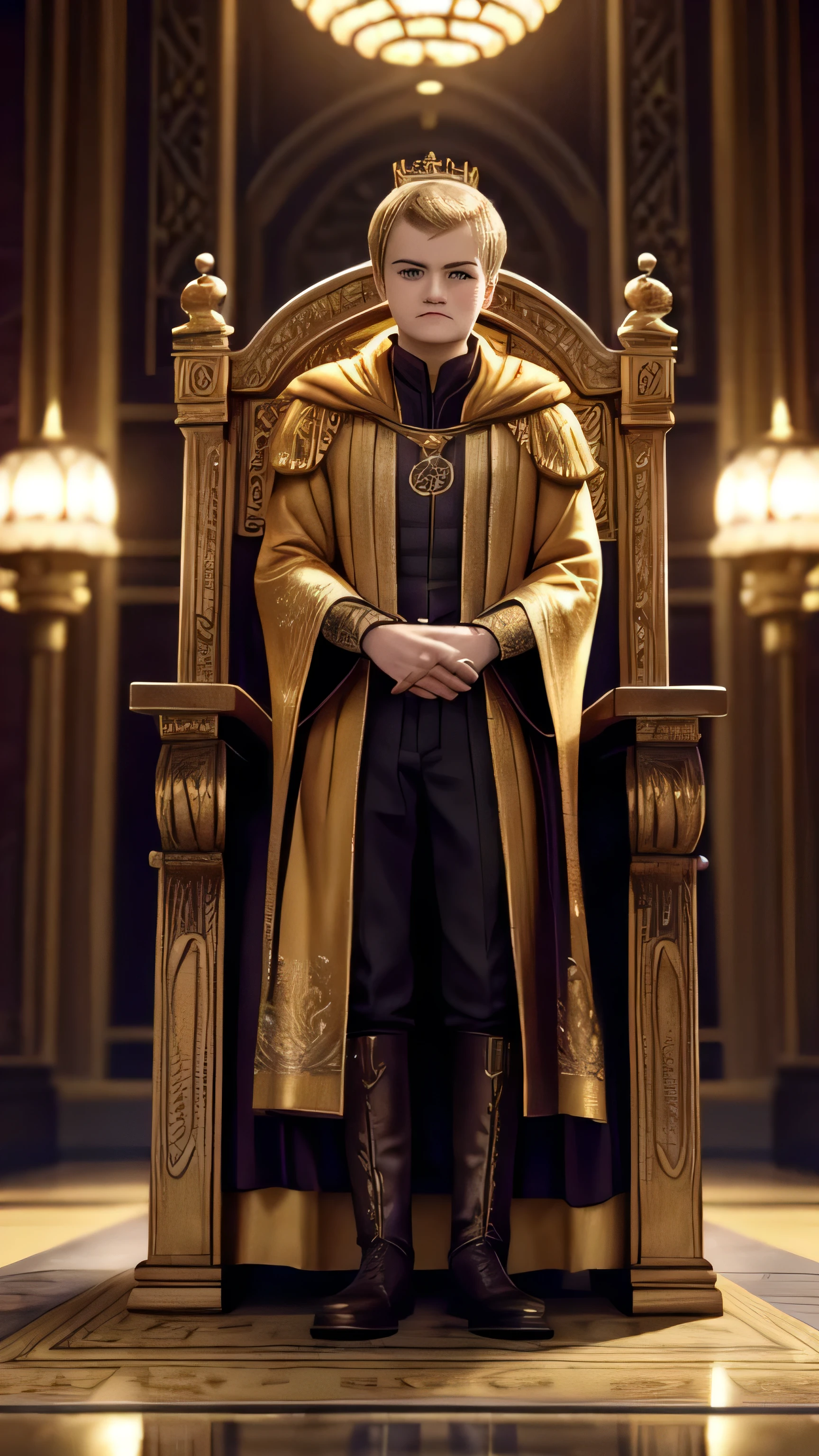 Jack Gleeson als Joffrey Baratheon, Erwachsene, golden royal robe, Stiefel, Krone, Stehen, In einem Thronsaal, (1 Mann), (Allein), (Ganzkörperansicht), beautiful ausführlich glow, ausführlich, filmisches Licht, komplizierte Details, realistisch, highres, ausführlich facial features, Hohe Detailliertheit, scharfer Fokus, glatt, ästhetisch, extremely ausführlich, Briefmarke, octane render