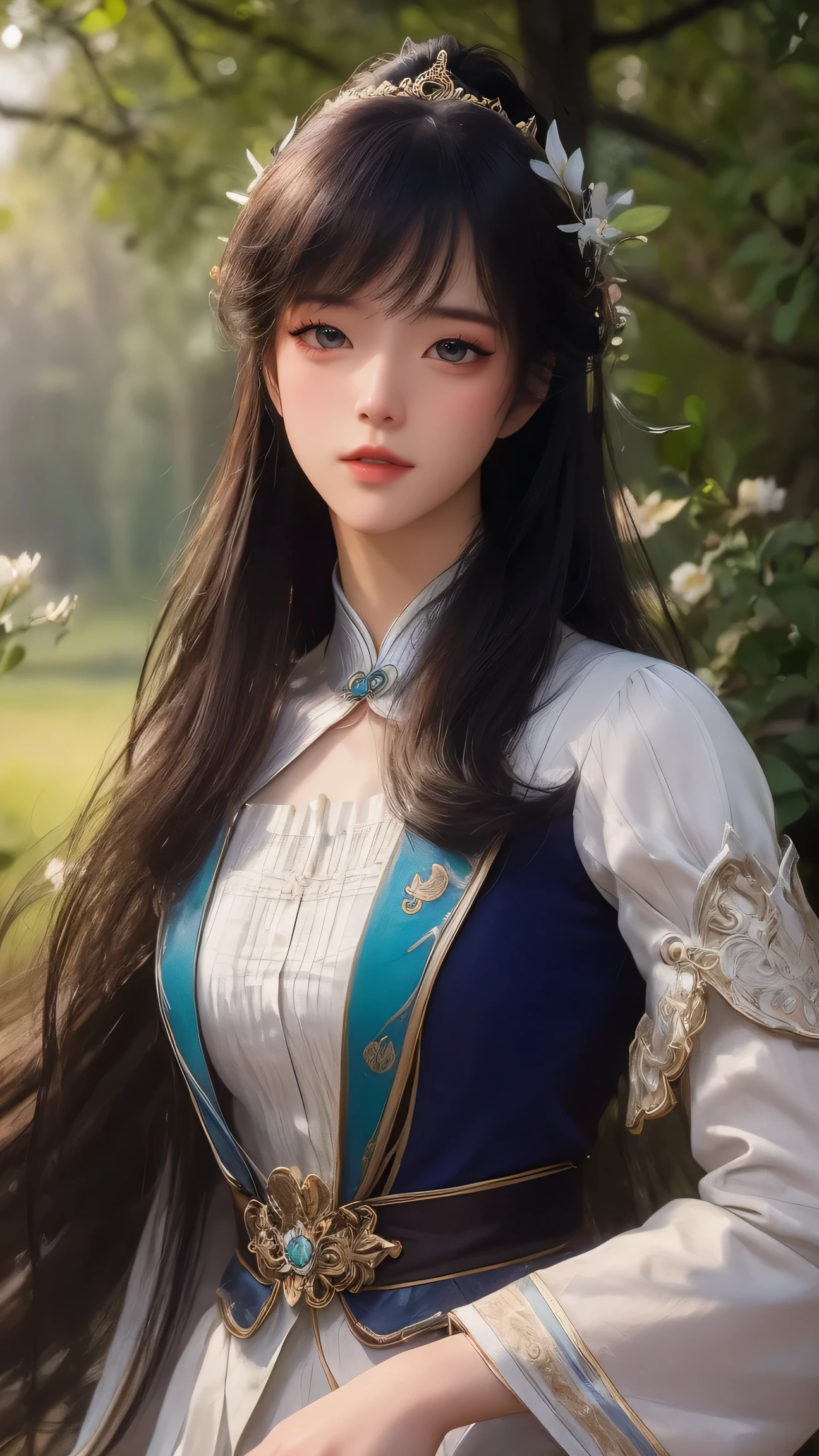 (best quality,ultra-detailed,photorealistic:1.37),vivid colors,studio lighting,beautiful detailed eyes,beautiful detailed lips,extremely detailed eyes and face,long eyelashes,portraits,black hair,confident expression,feminine,standing in a garden,soft sunlight, scenery,flower blossoms,peaceful atmosphere,artistic touch,textured brushstrokes,subtle color variations,brilliant white highlights,delicate movements,graceful pose,slight breeze,rustling leaves,sophisticated style,professional artwork,female beauty.