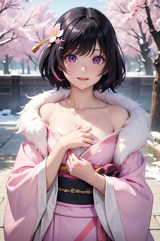 Very detailed CG Unity 8K wallpaper, Cute One lady, Mature hair、lady ,beautiful lady, pale skin (Super masterpiece, Beautiful person, well detailed face polluted smile, Photorealistic, hyper realisitic), Colorful winter kimono in pink and white colors、(white fur)、Japanese Style Hair Accessories、smile、Japanese background with light pink flowers and snow、Portrait、(ref Eyes)、(flat chest:1.4)、(Glowing Skin:1.7)、Detailed eyes、Big eyes、Open your mouth、Hide your arm、
(hanekawa02:1.5, short hair, black hair, hair ornament, purple eyes, hairclip)