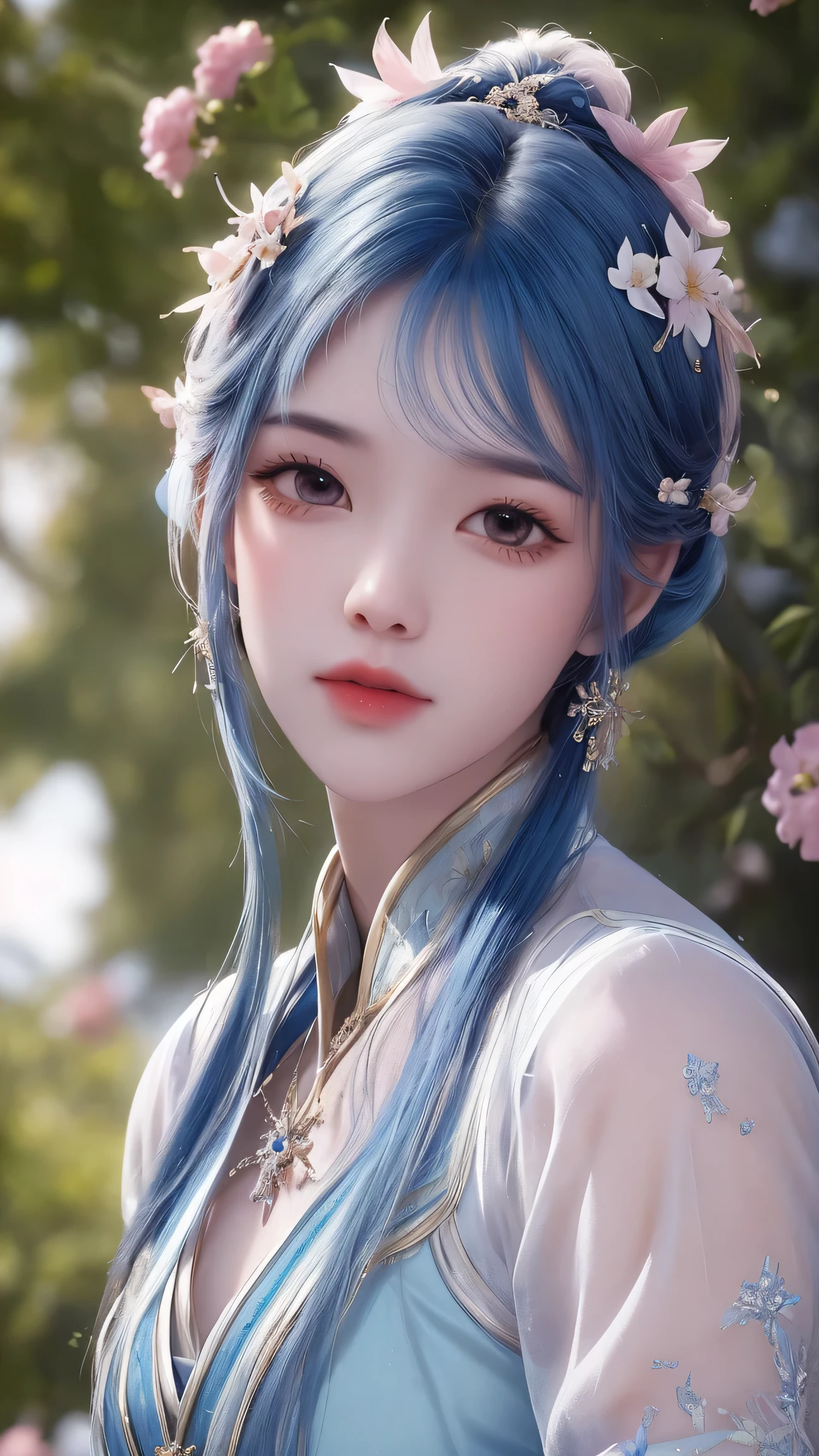(best quality,ultra-detailed,photorealistic:1.37),vivid colors,studio lighting,beautiful detailed eyes,beautiful detailed lips,extremely detailed eyes and face,long eyelashes,portraits,blue hair,confident expression,feminine,standing in a garden,soft sunlight, scenery,flower blossoms,peaceful atmosphere,artistic touch,textured brushstrokes,subtle color variations,brilliant white highlights,delicate movements,graceful pose,slight breeze,rustling leaves,sophisticated style,professional artwork,female beauty.