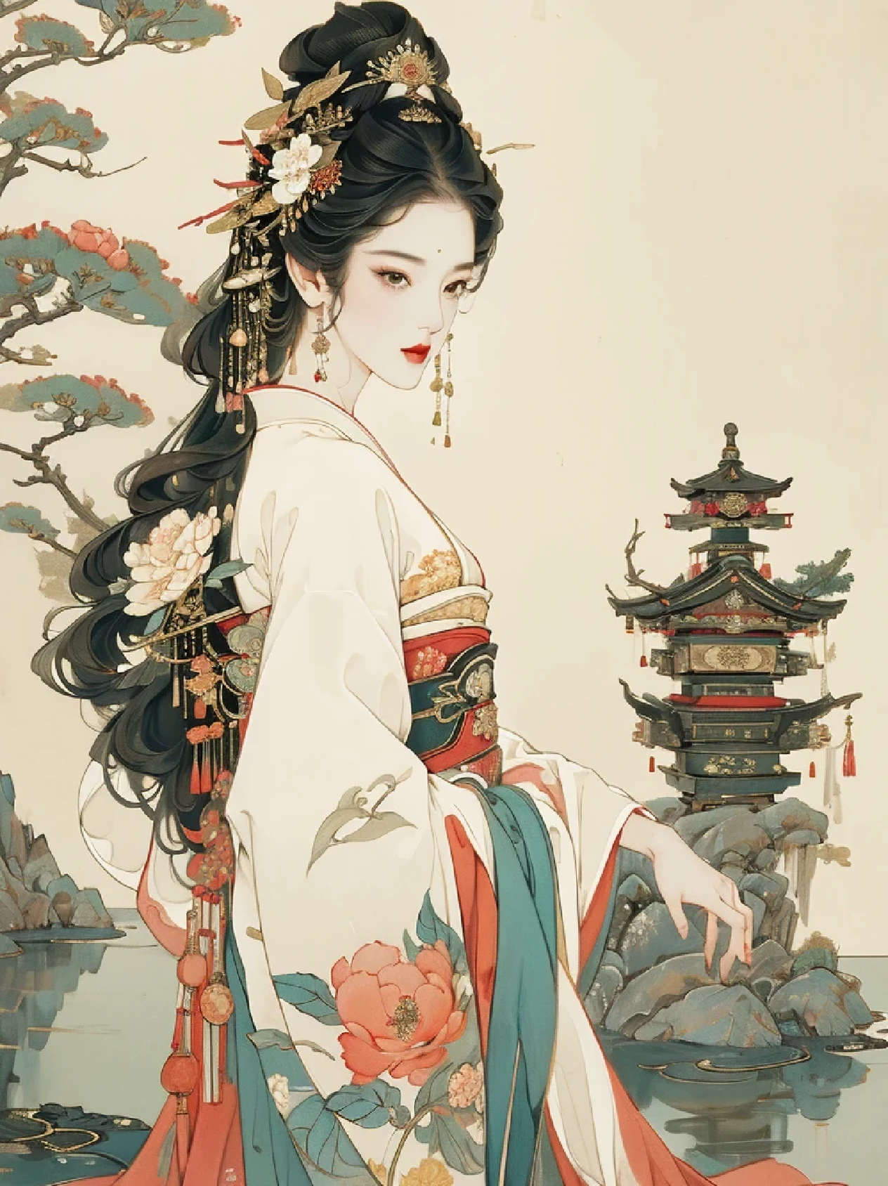 (best quality,4k,8k,highres,masterpiece:1.2),ultra-detailed,realistic:1.37,portrait,painting,colorful,beautiful detailed eyes,beautiful detailed lips,dark-haired geisha in her thirties(detailed dark hair),wearing traditional kimono,exquisite kimono design,detailed craftsmanship,long flowing sleeves,elaborate obi,delicate embroidery,intricate patterns,traditional Japanese accessories,geisha makeup(pale complexion,red lips,black eyeliner),elegant and graceful pose,serene expression,traditional Japanese garden in the background,zen elements in the garden,stone lanterns,water feature,bridges,cherry blossom trees,birds chirping,soft sunlight and dappled shadows,authentic Japanese atmosphere,painting with oil technique,vivid colors,rich color palette,subtle gradations of light and shadow,attention to texture and reflection,high level of detail,meticulous brushwork,expressive strokes,realism with a touch of artistic interpretation