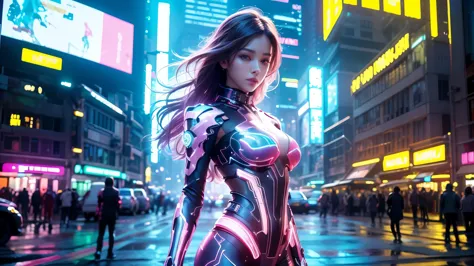 a girl with pulsating energy, colorful neon lights illuminating her surroundings, standing in a vibrant cityscape. she is wearin...